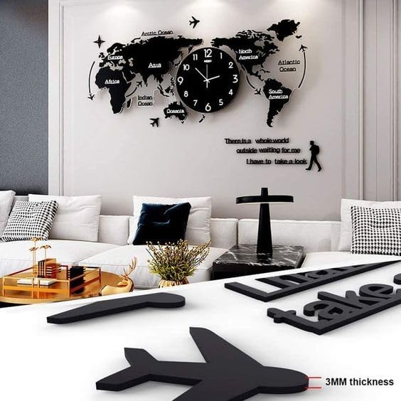 Acrylic World Map Wall Clock Black