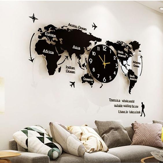 Acrylic World Map Wall Clock Black