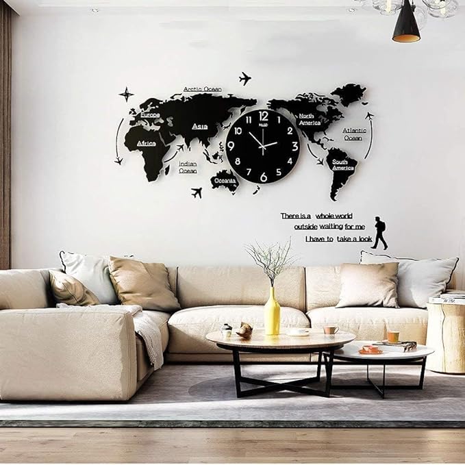 Acrylic World Map Wall Clock Black